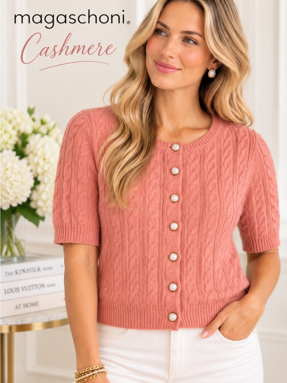 NWT Magaschoni 100% Cashmere Cable Knit Cardigan Pink M